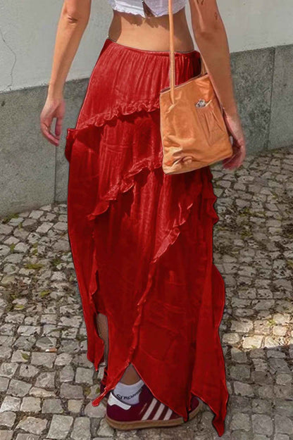 Solid Ruffle Drawstring Waist Asymmetry Hem Skirt