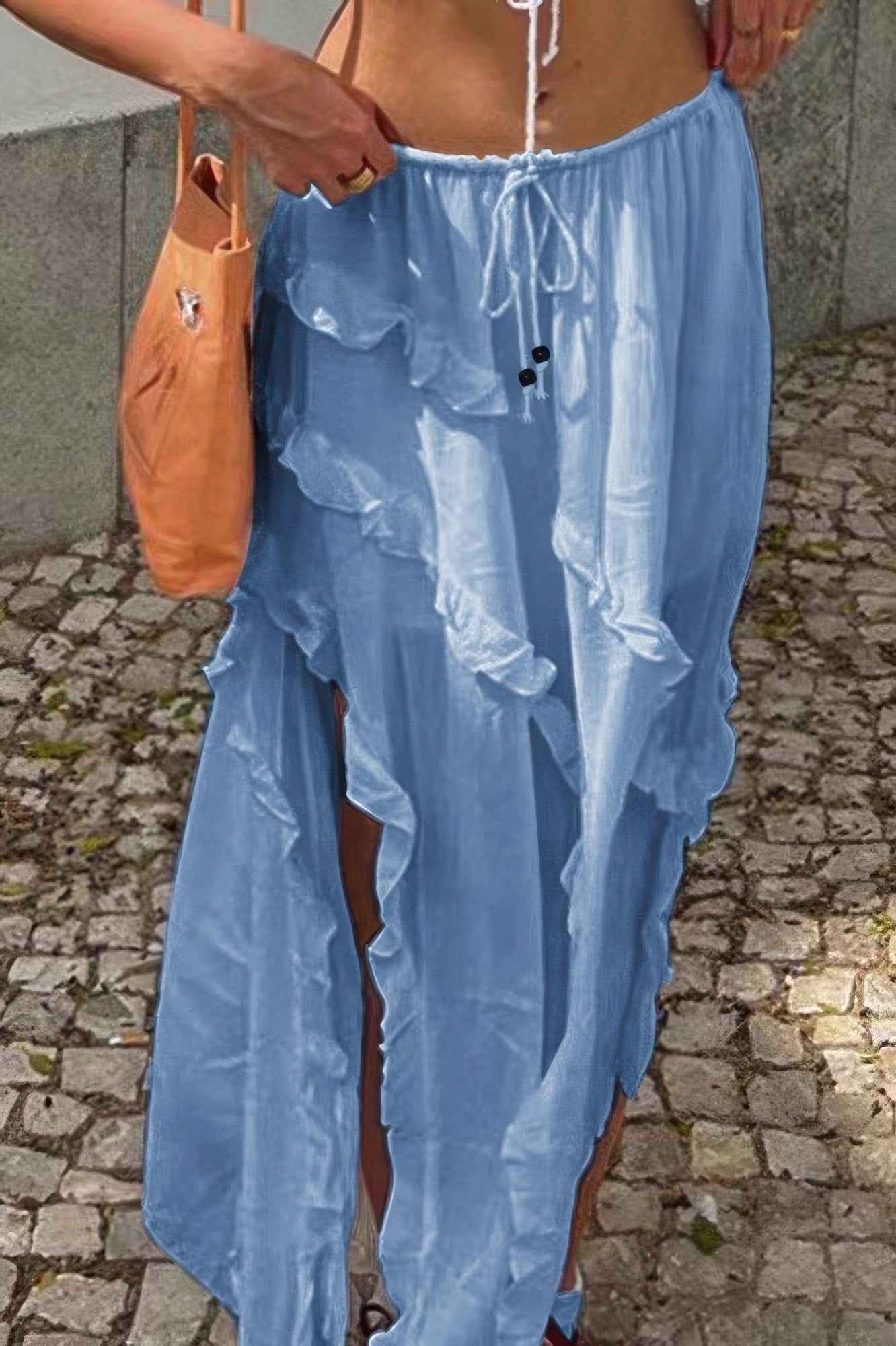 Solid Ruffle Drawstring Waist Asymmetry Hem Skirt