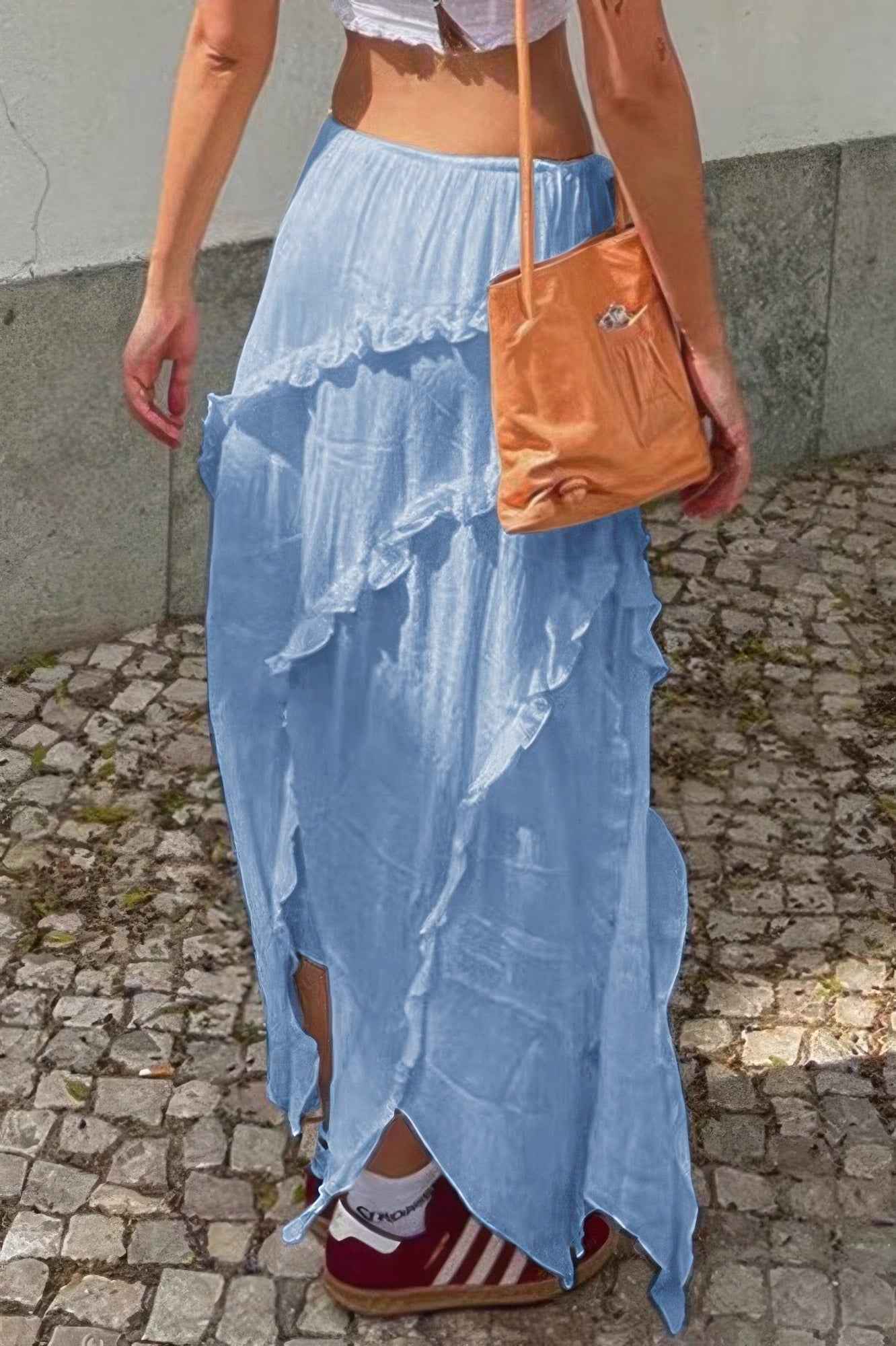 Solid Ruffle Drawstring Waist Asymmetry Hem Skirt