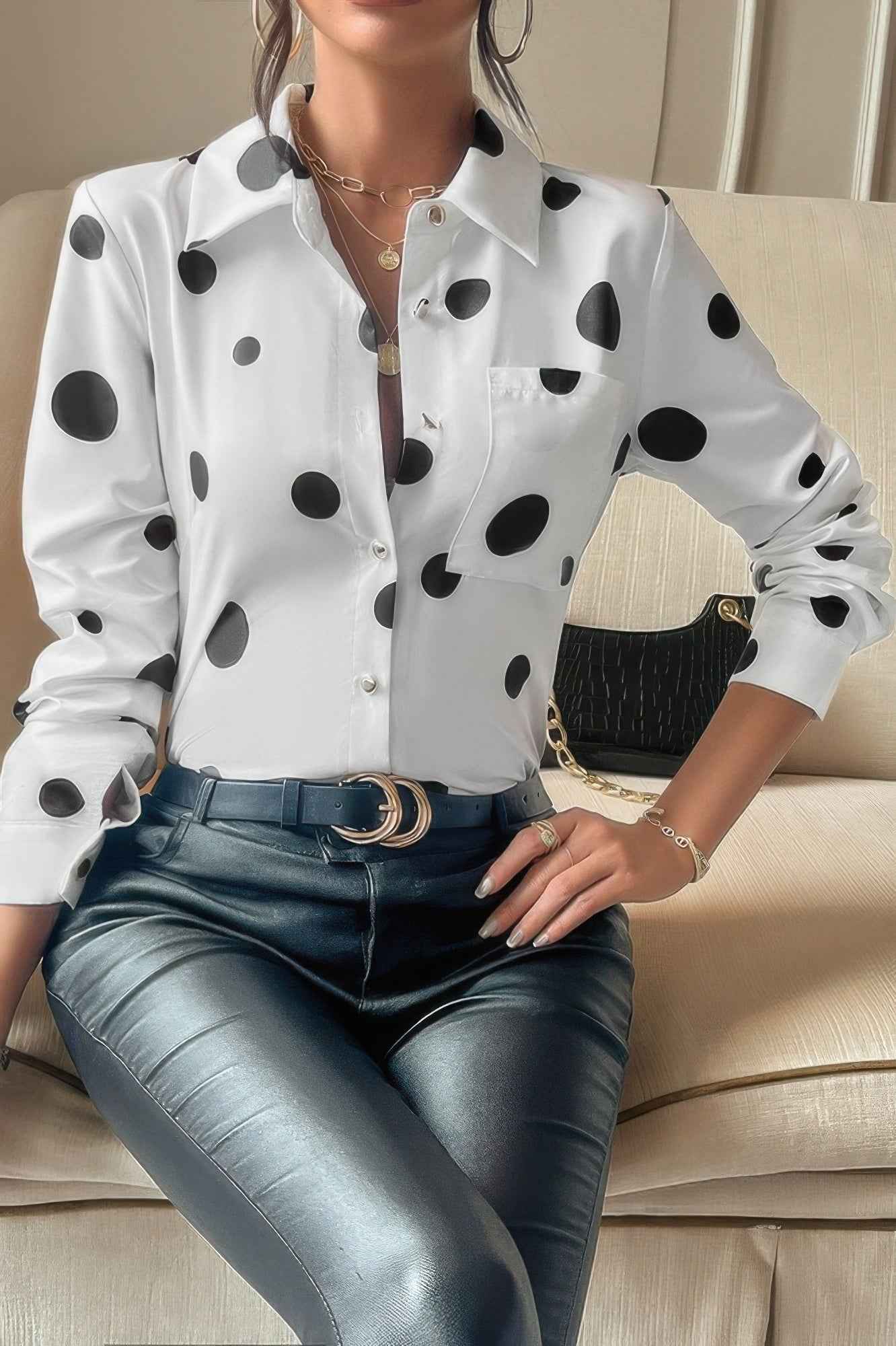 Dot Print Pocket Drop Shoulder Button Blouse