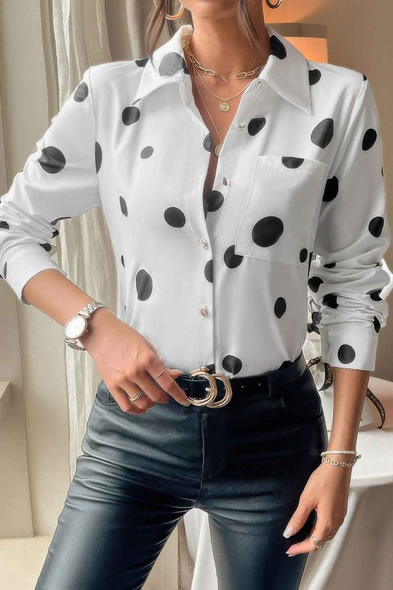 Dot Print Pocket Drop Shoulder Button Blouse