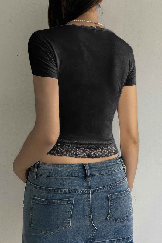 Square Neck Lace Trim High Waist Tee