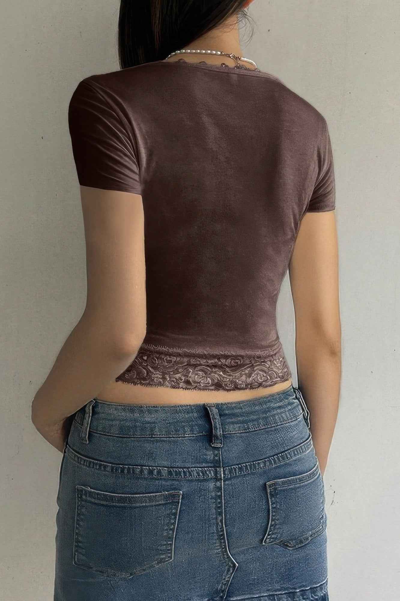 Square Neck Lace Trim High Waist Tee