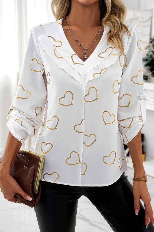 Color Black Heart Print V Neck Ruffle Loose Blouse