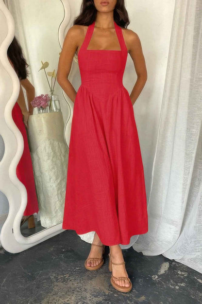 Halter Solid Pockets Sleeveless A Line Long Dress
