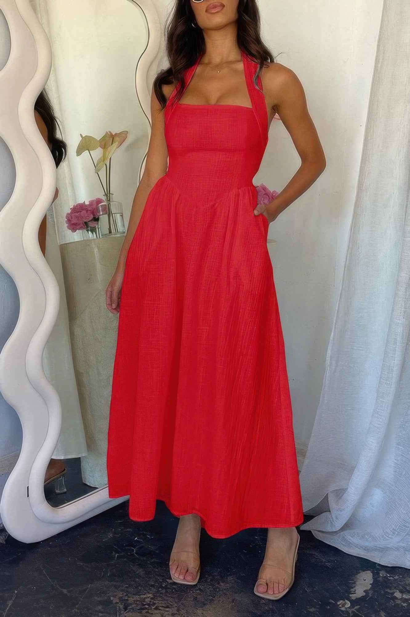 Halter Solid Pockets Sleeveless A Line Long Dress