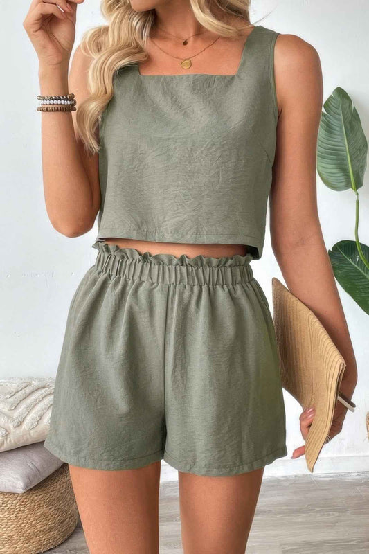 Two Pieces Solid Square Neck Elastic Waist Sets