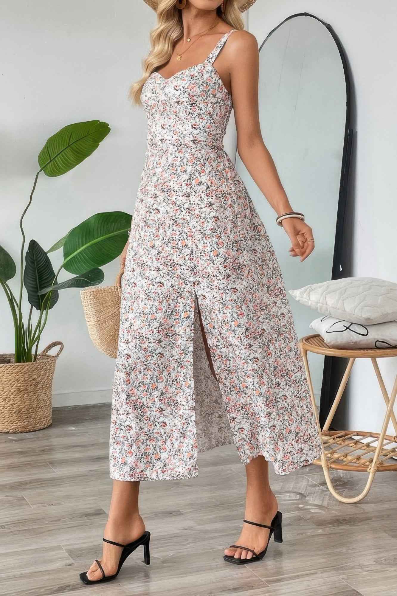 Straps Floral Print Split Hem Fit Long Dress