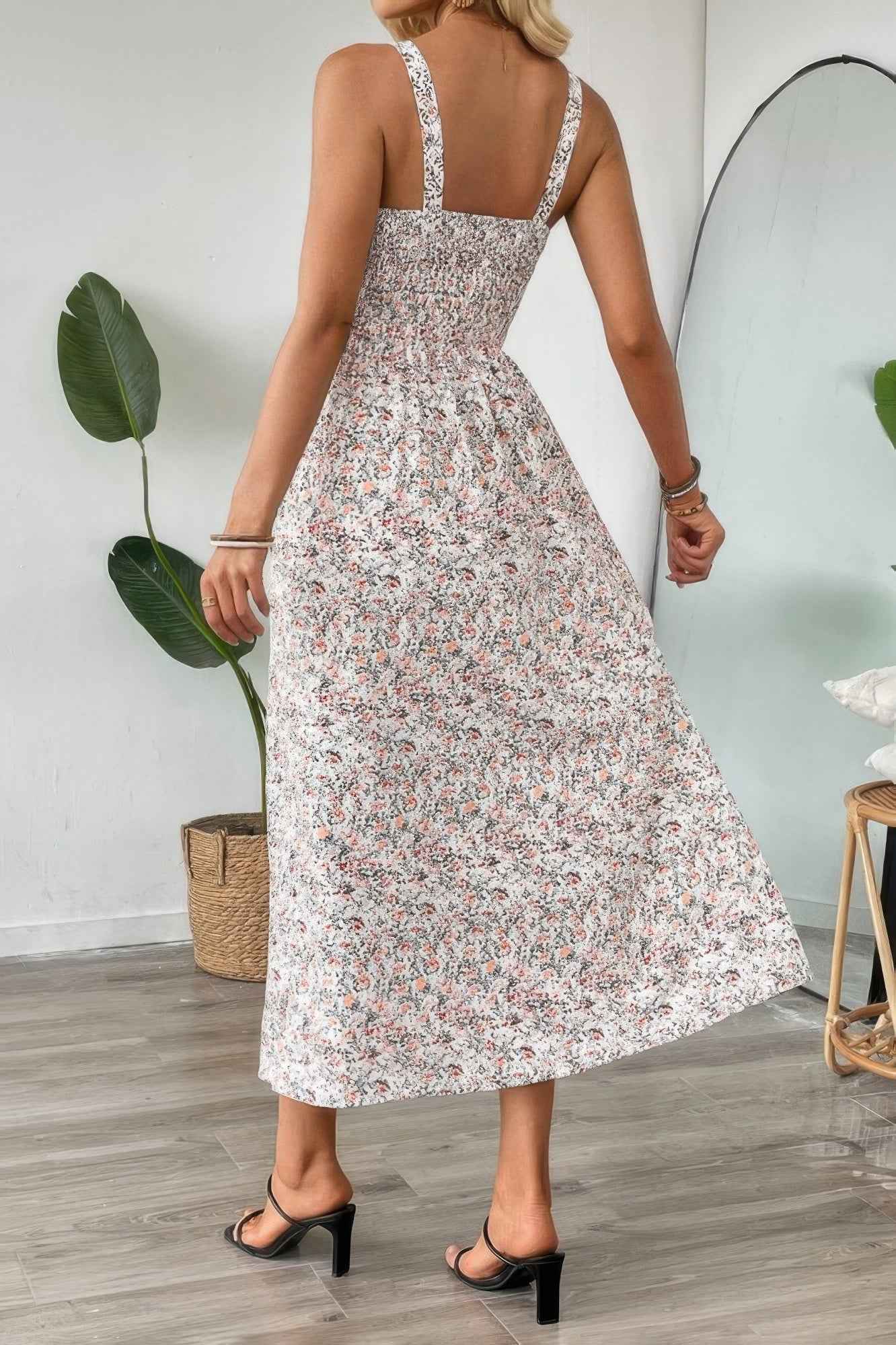 Straps Floral Print Split Hem Fit Long Dress
