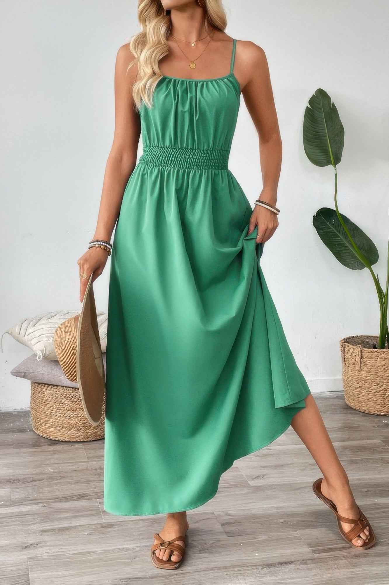Solid Sleeveless Ruched Elactic Waist A Line Dress