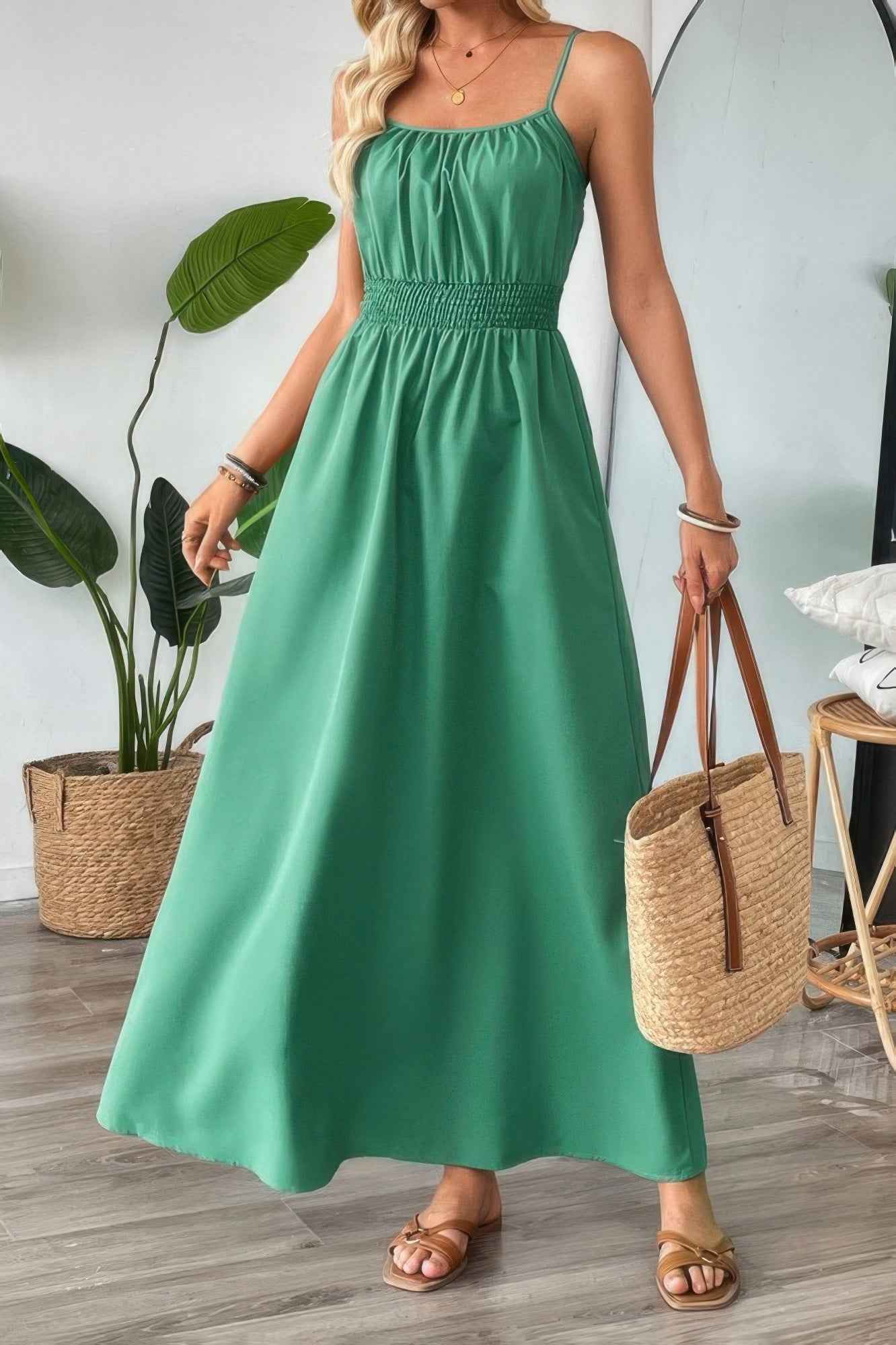 Solid Sleeveless Ruched Elactic Waist A Line Dress