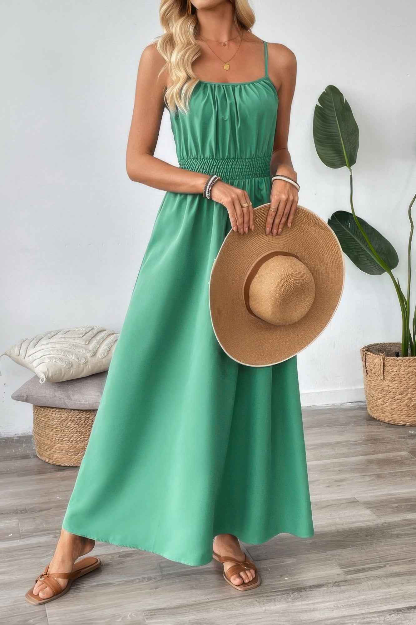 Solid Sleeveless Ruched Elactic Waist A Line Dress