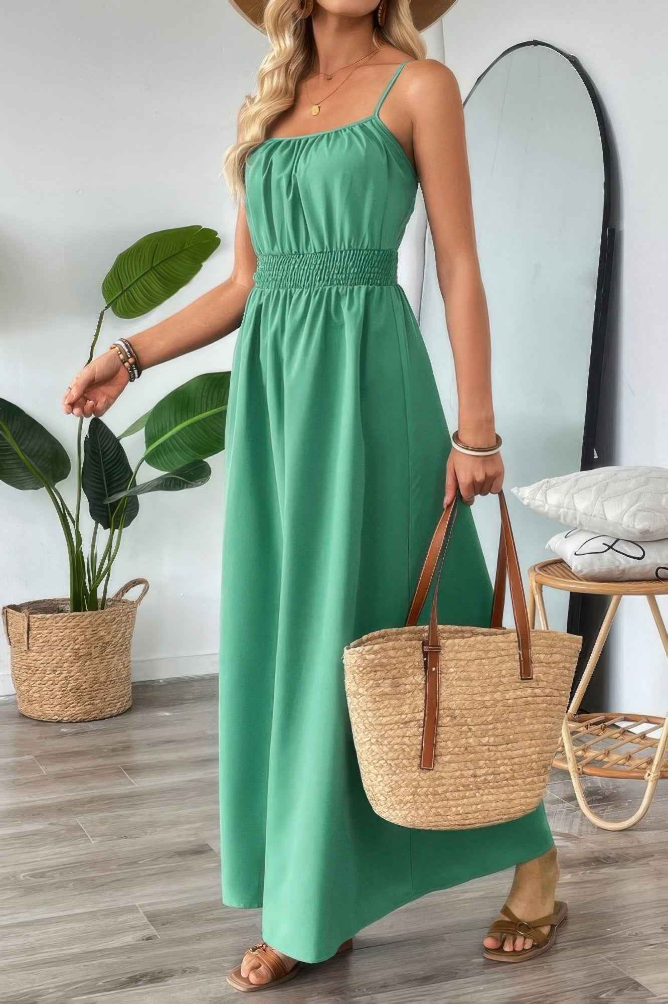 Solid Sleeveless Ruched Elactic Waist A Line Dress