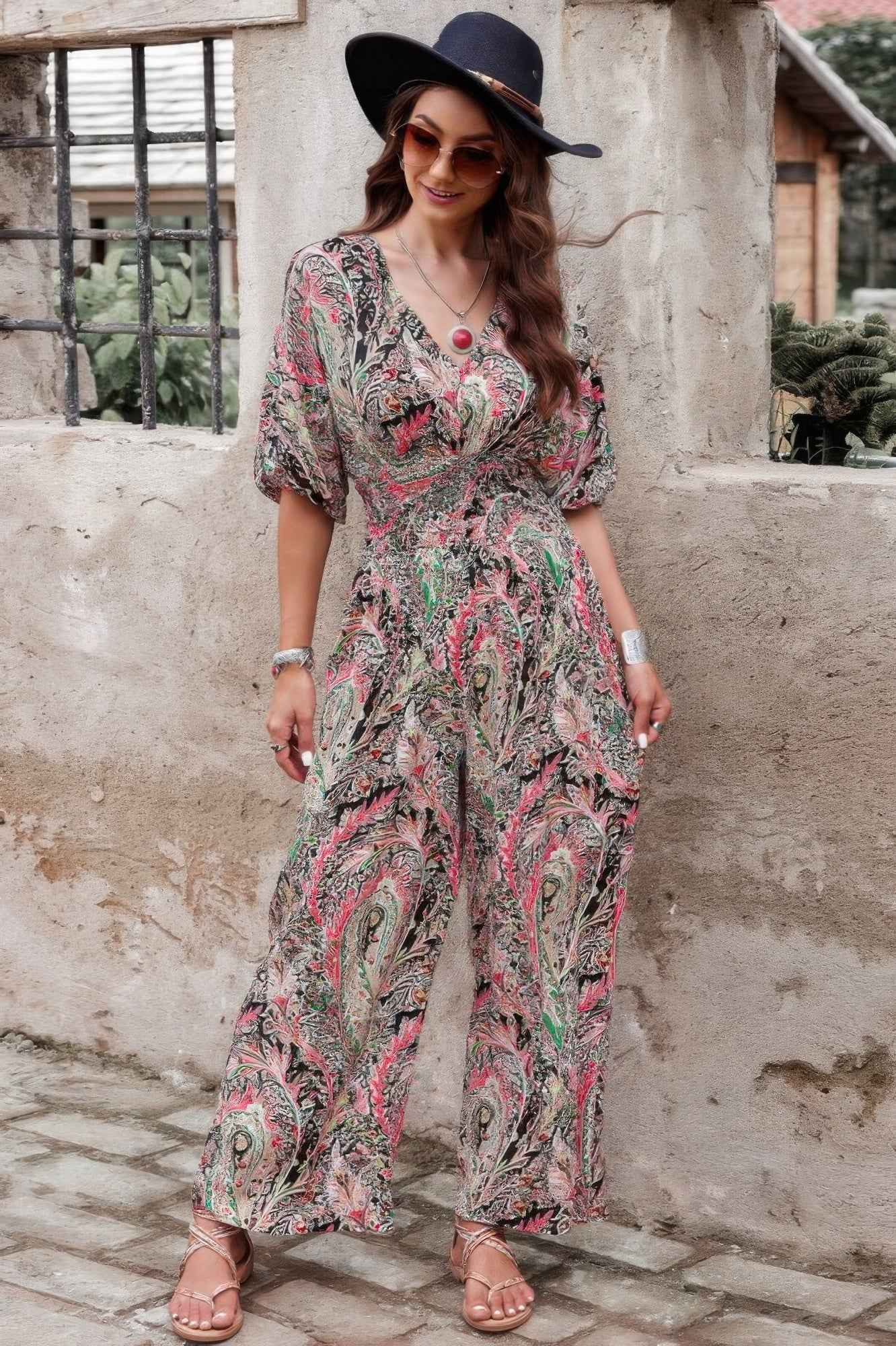 Boho Print Short Sleeve Shirred Waist Fit Jumpsuit