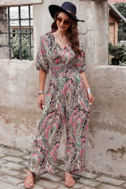 Boho Print Short Sleeve Shirred Waist Fit Jumpsuit