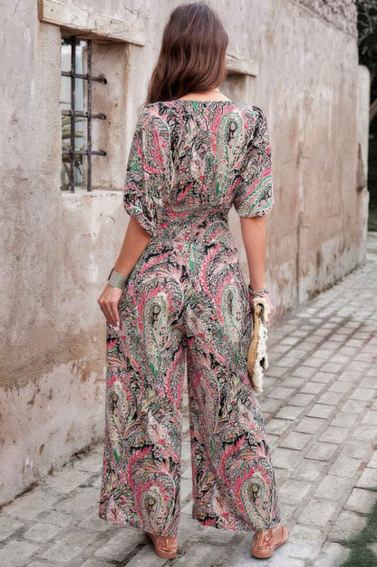 Boho Print Short Sleeve Shirred Waist Fit Jumpsuit