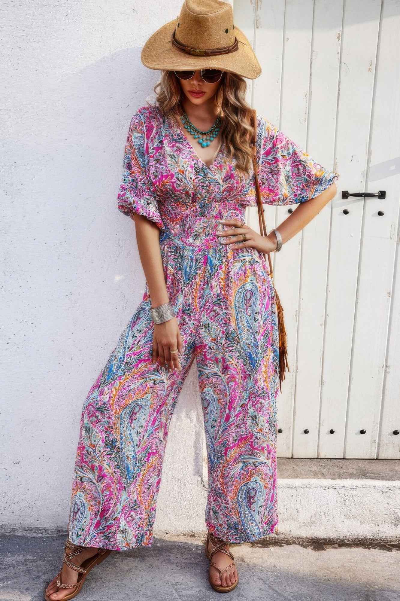 Boho Print Short Sleeve Shirred Waist Fit Jumpsuit