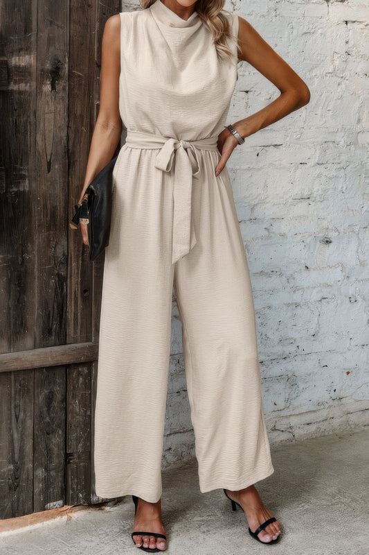 Solid Sleeveless Cut Out Back Belted Jumpsuit - It's a Girly Place