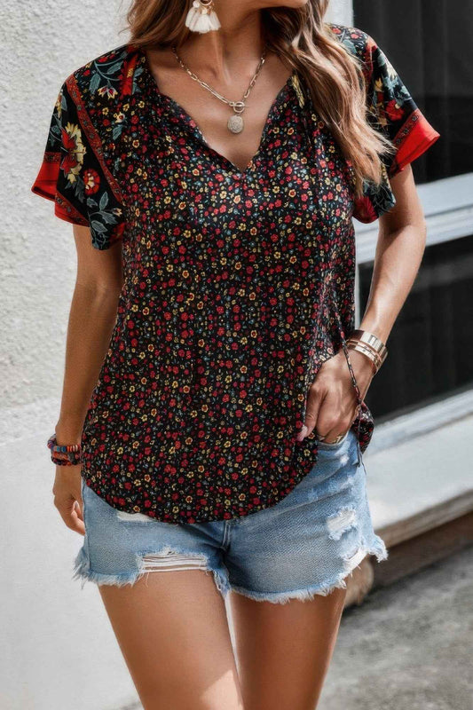 Floral Boho Ruffle V Neck Short Sleeve Loose Shirt