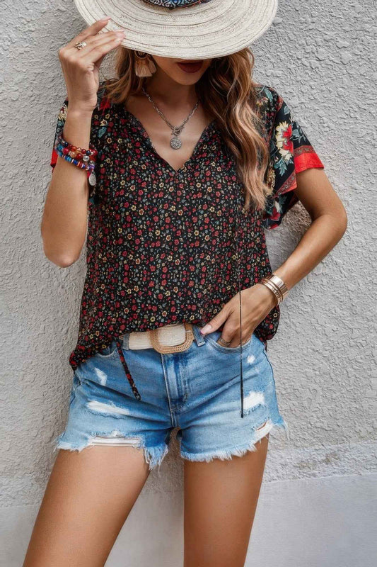 Floral Boho Ruffle V Neck Short Sleeve Loose Shirt