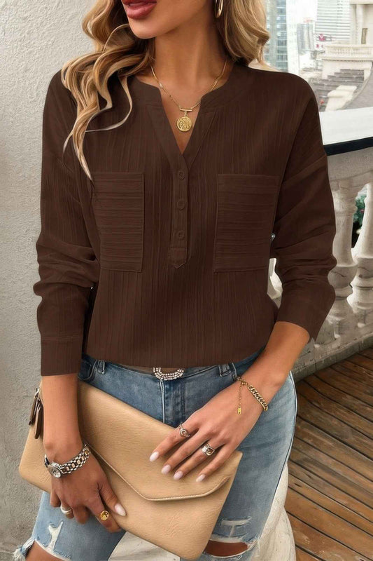 Pleated V Neck Pockets Button Drop Shoulder Blouse