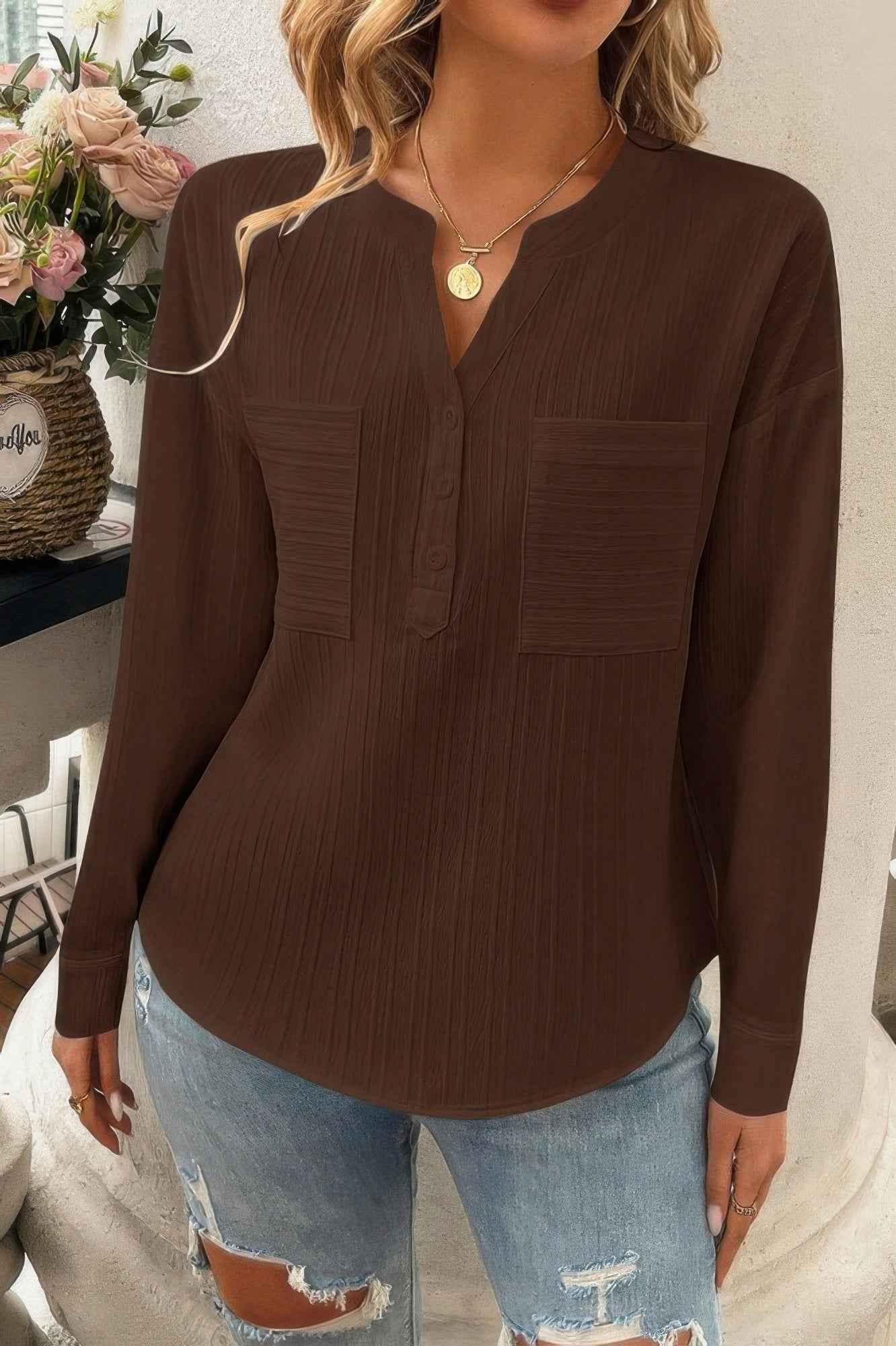 Pleated V Neck Pockets Button Drop Shoulder Blouse