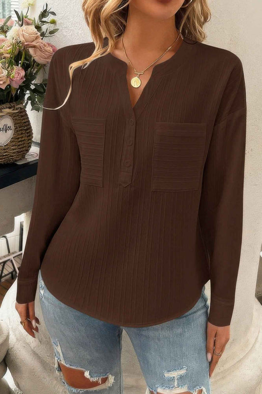 Pleated V Neck Pockets Button Drop Shoulder Blouse