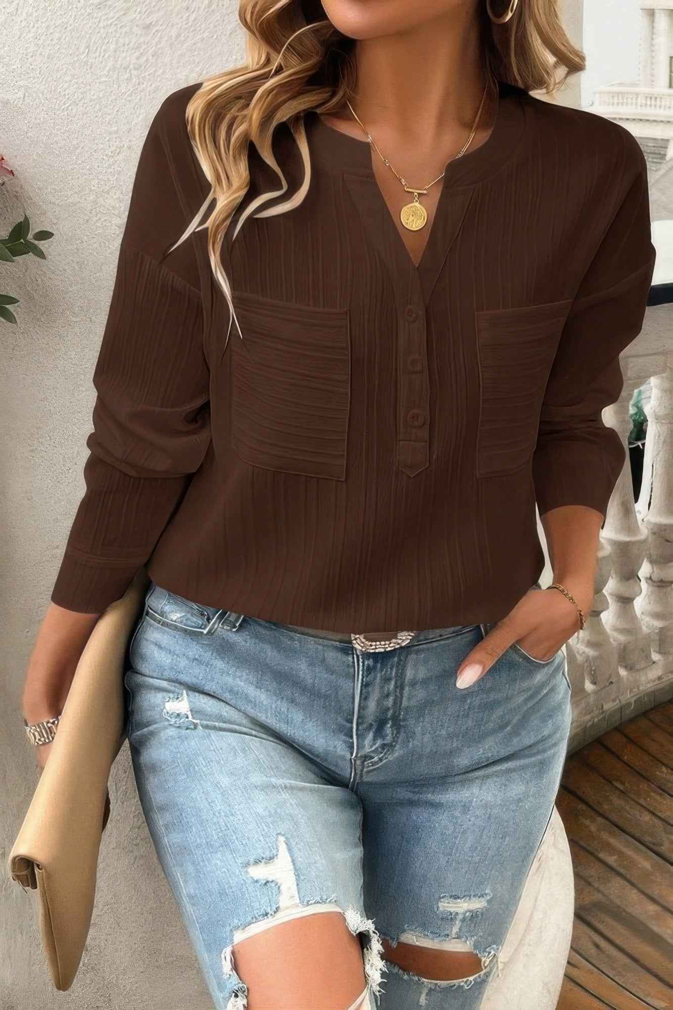 Pleated V Neck Pockets Button Drop Shoulder Blouse