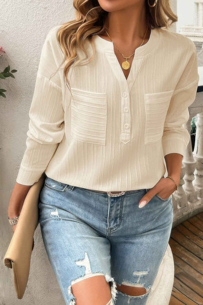 Pleated V Neck Pockets Button Drop Shoulder Blouse