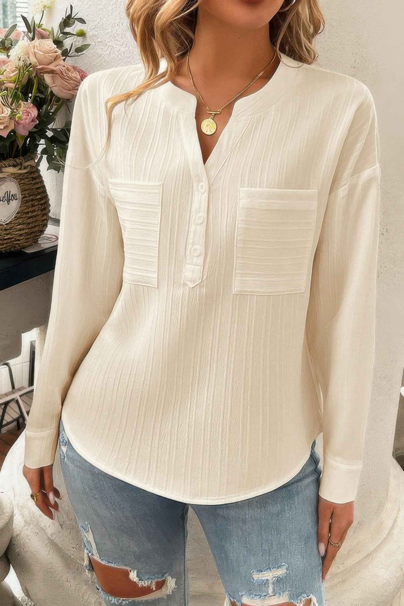 Pleated V Neck Pockets Button Drop Shoulder Blouse