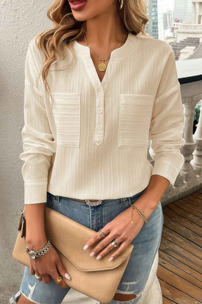 Pleated V Neck Pockets Button Drop Shoulder Blouse