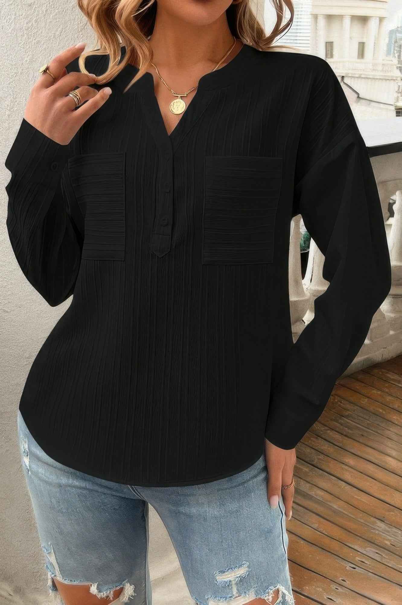 Pleated V Neck Pockets Button Drop Shoulder Blouse