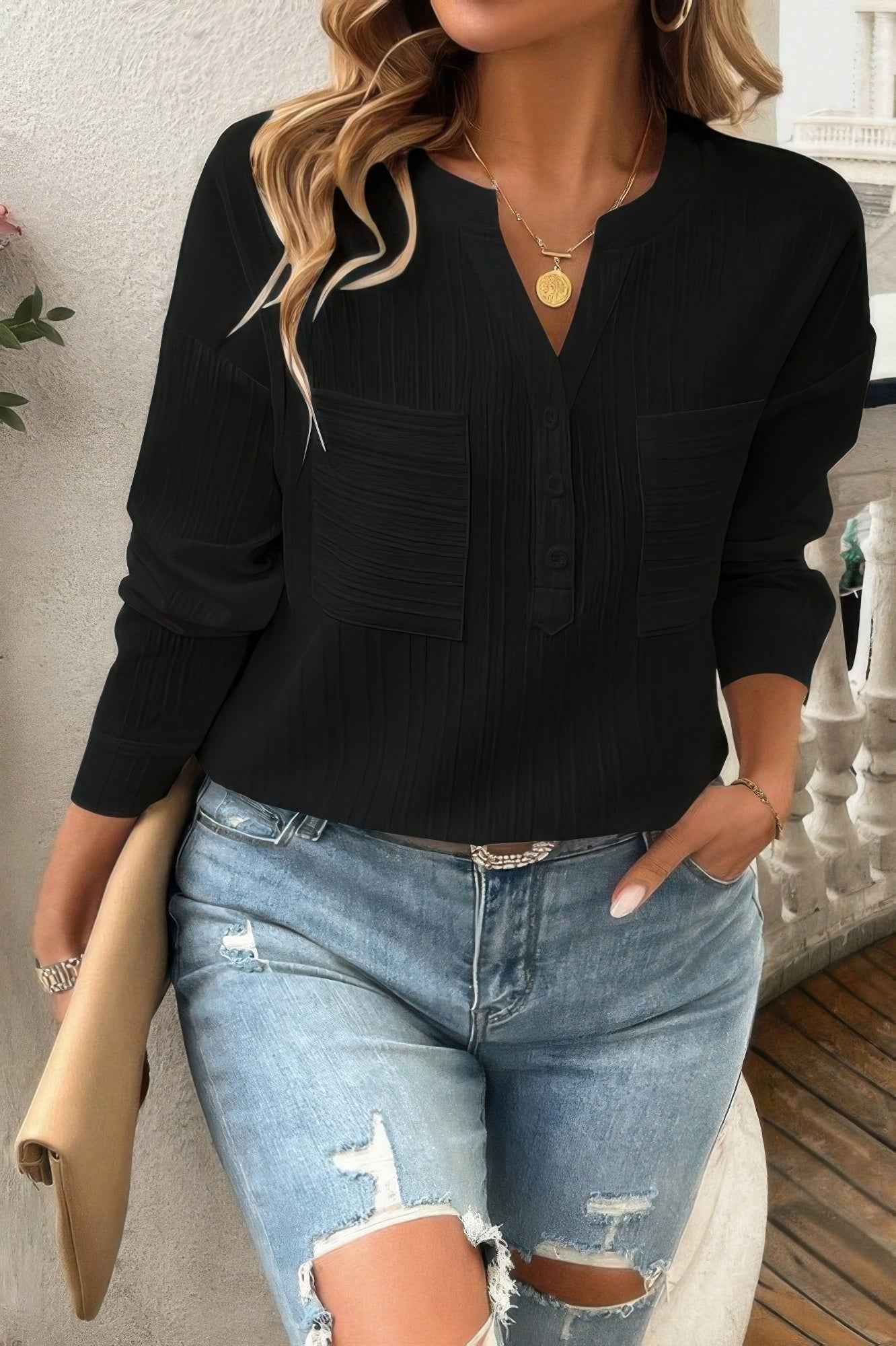 Pleated V Neck Pockets Button Drop Shoulder Blouse