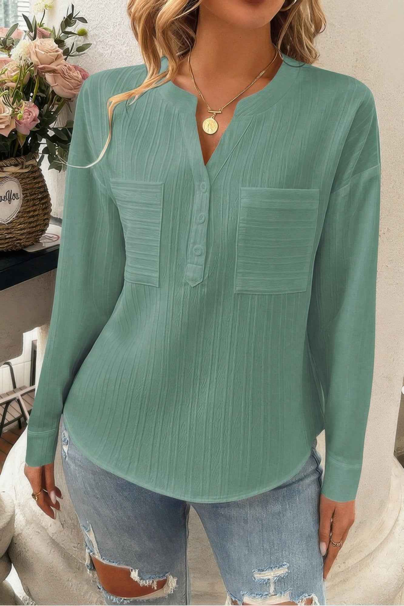 Pleated V Neck Pockets Button Drop Shoulder Blouse