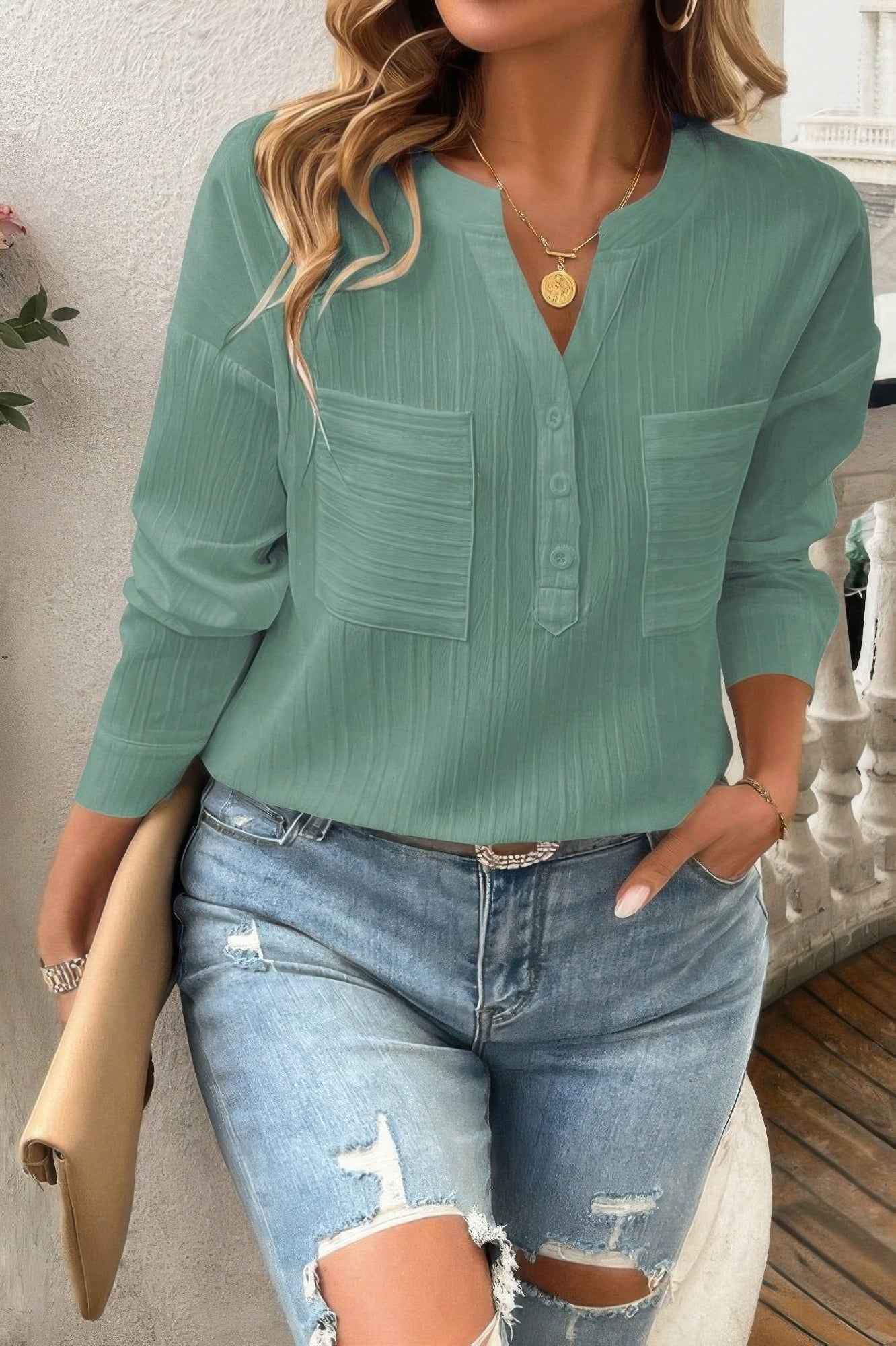 Pleated V Neck Pockets Button Drop Shoulder Blouse