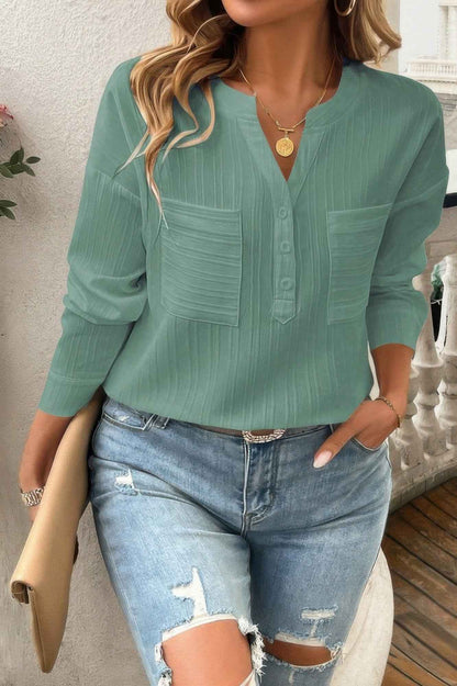 Pleated V Neck Pockets Button Drop Shoulder Blouse
