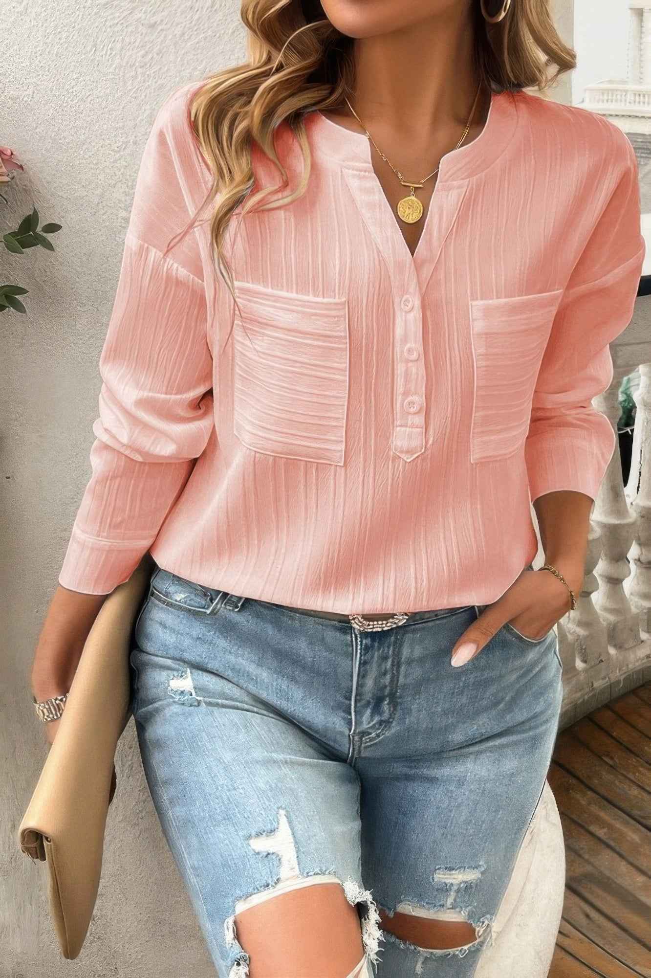 Pleated V Neck Pockets Button Drop Shoulder Blouse