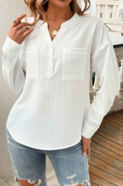 Pleated V Neck Pockets Button Drop Shoulder Blouse