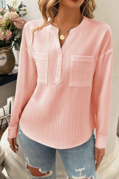 Pleated V Neck Pockets Button Drop Shoulder Blouse
