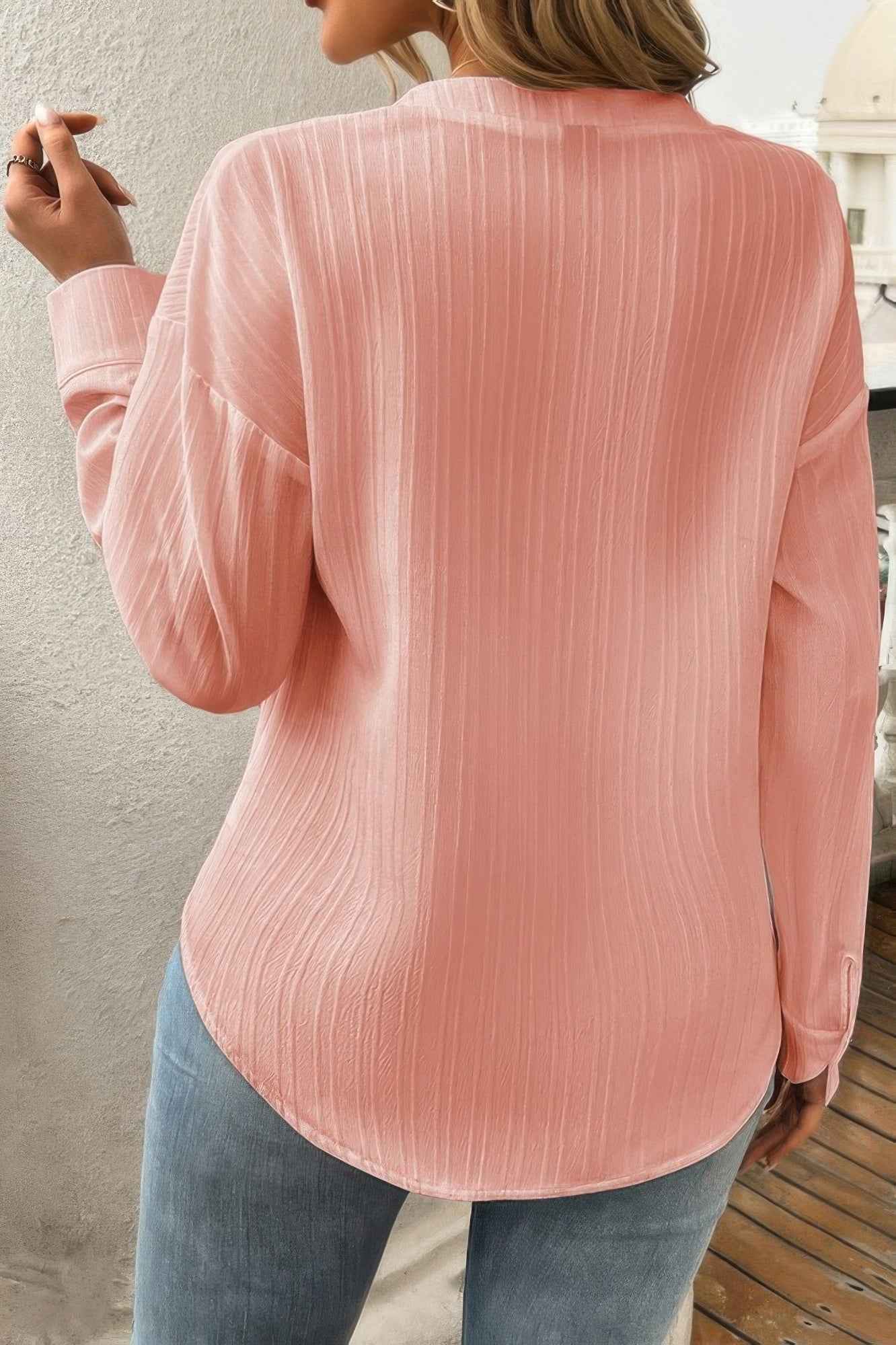 Pleated V Neck Pockets Button Drop Shoulder Blouse