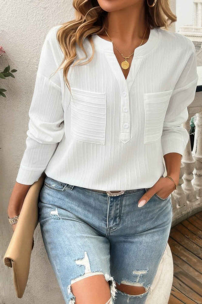 Pleated V Neck Pockets Button Drop Shoulder Blouse