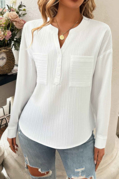 Pleated V Neck Pockets Button Drop Shoulder Blouse
