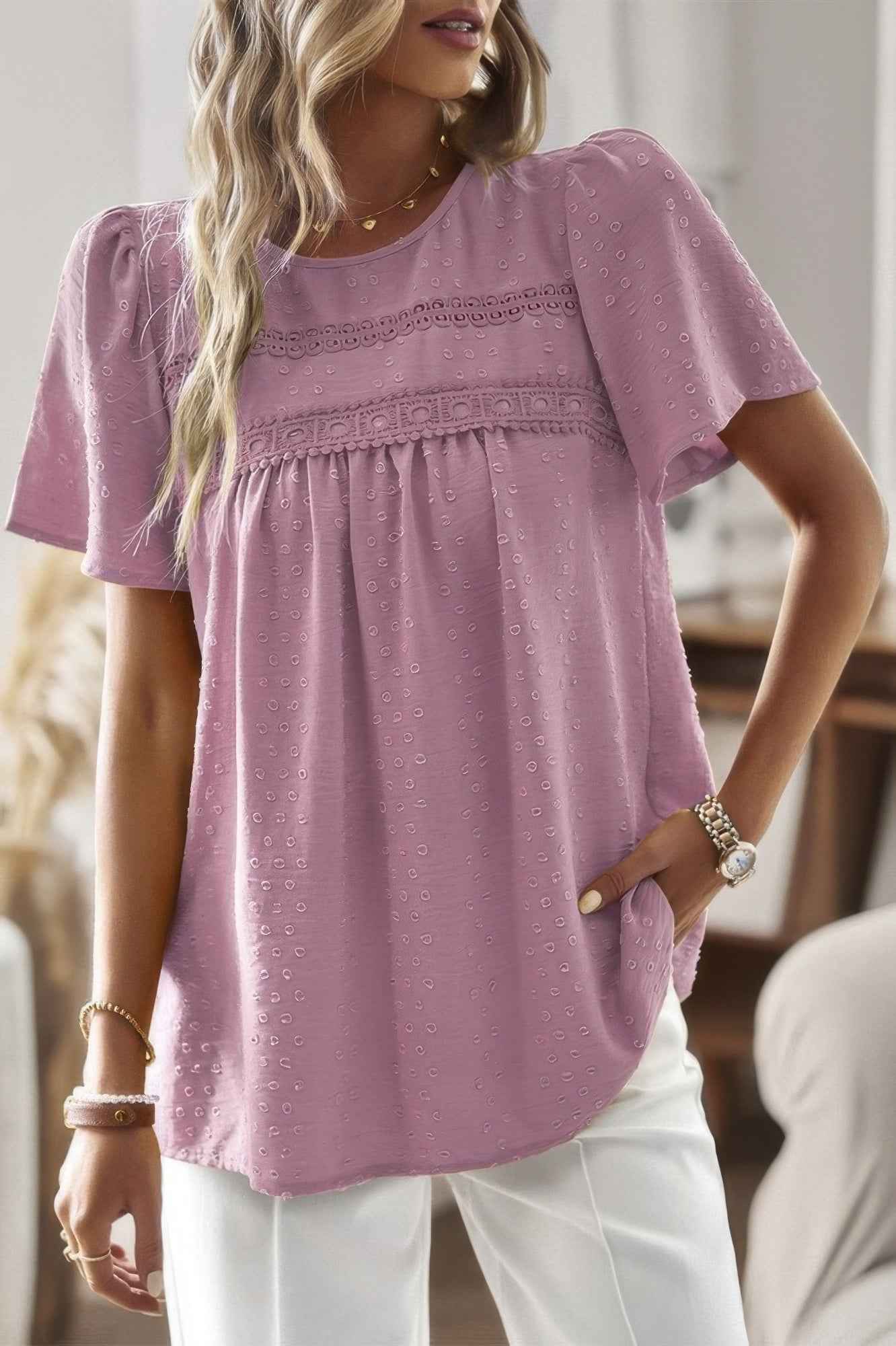Loose Fit Dot Solid Lace Round Neck Top