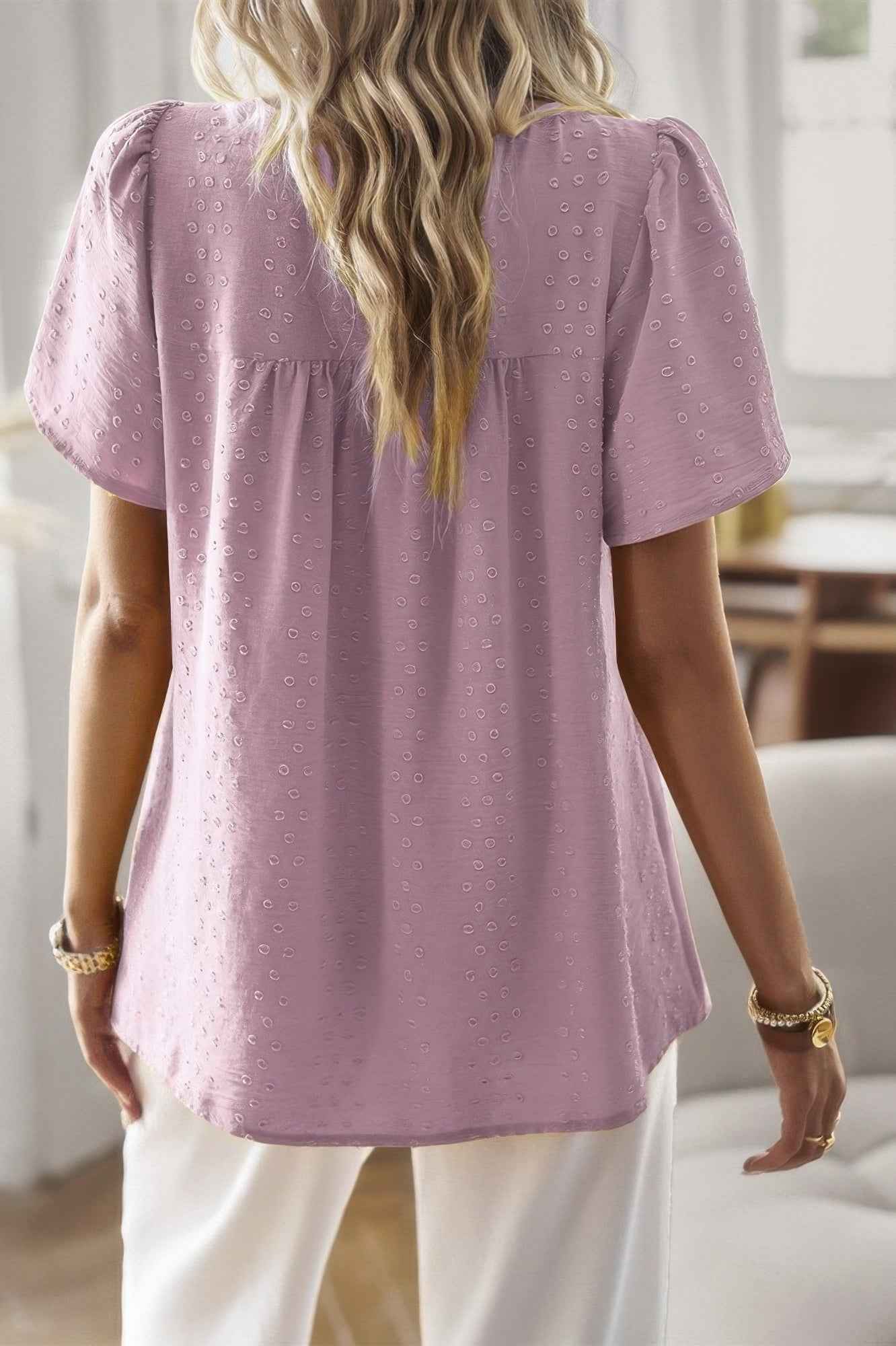 Loose Fit Dot Solid Lace Round Neck Top