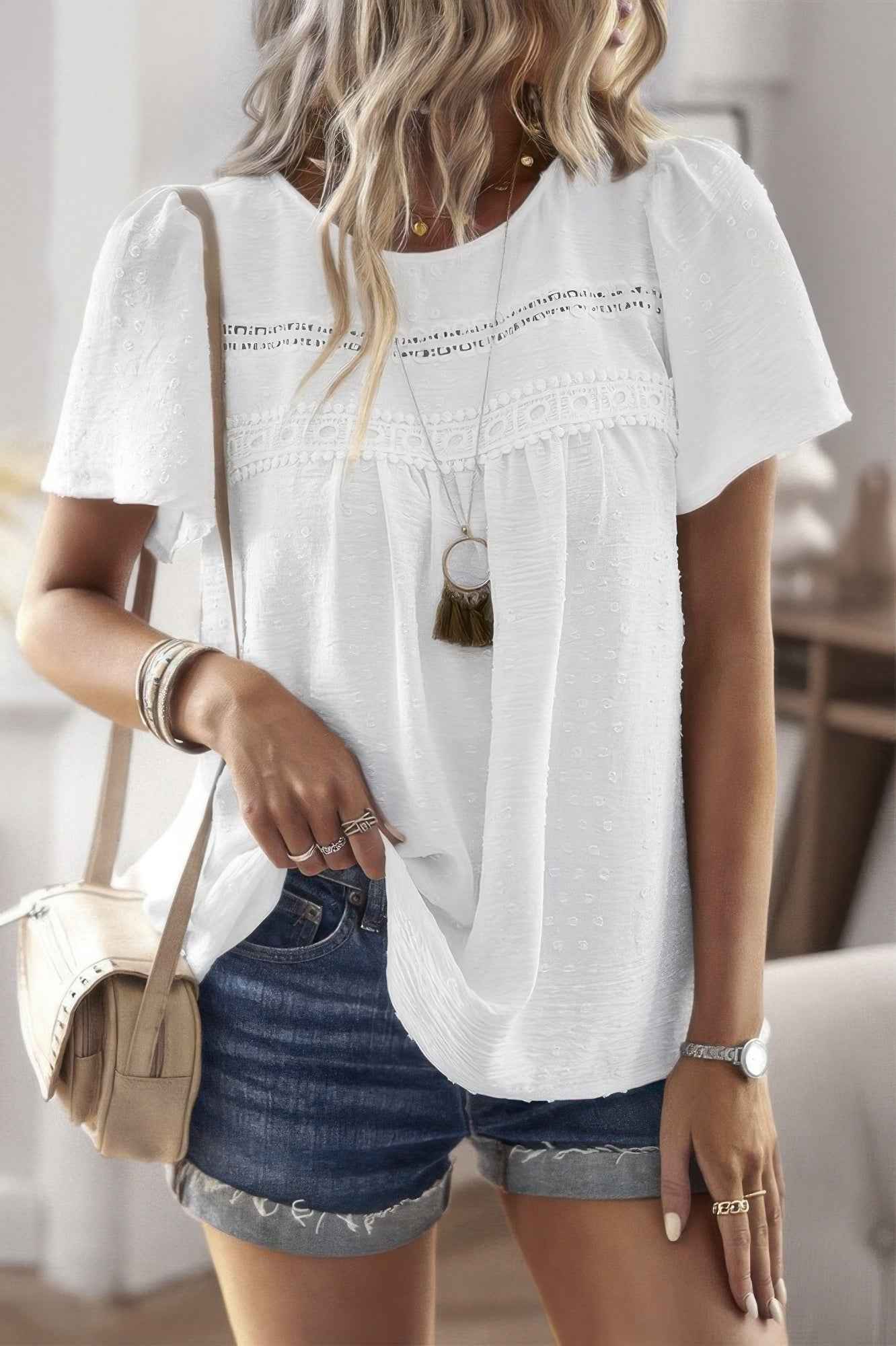Loose Fit Dot Solid Lace Round Neck Top