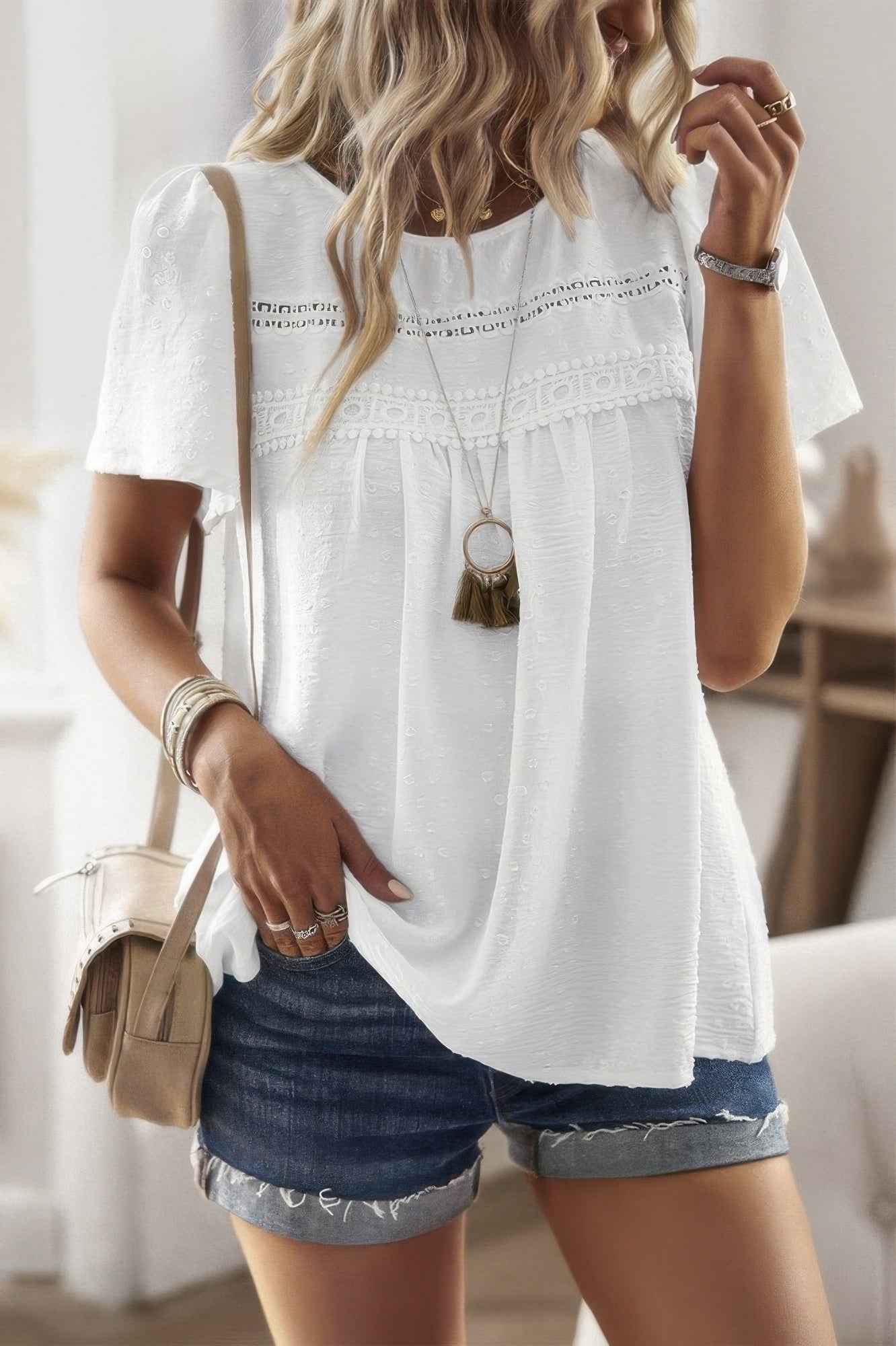 Loose Fit Dot Solid Lace Round Neck Top