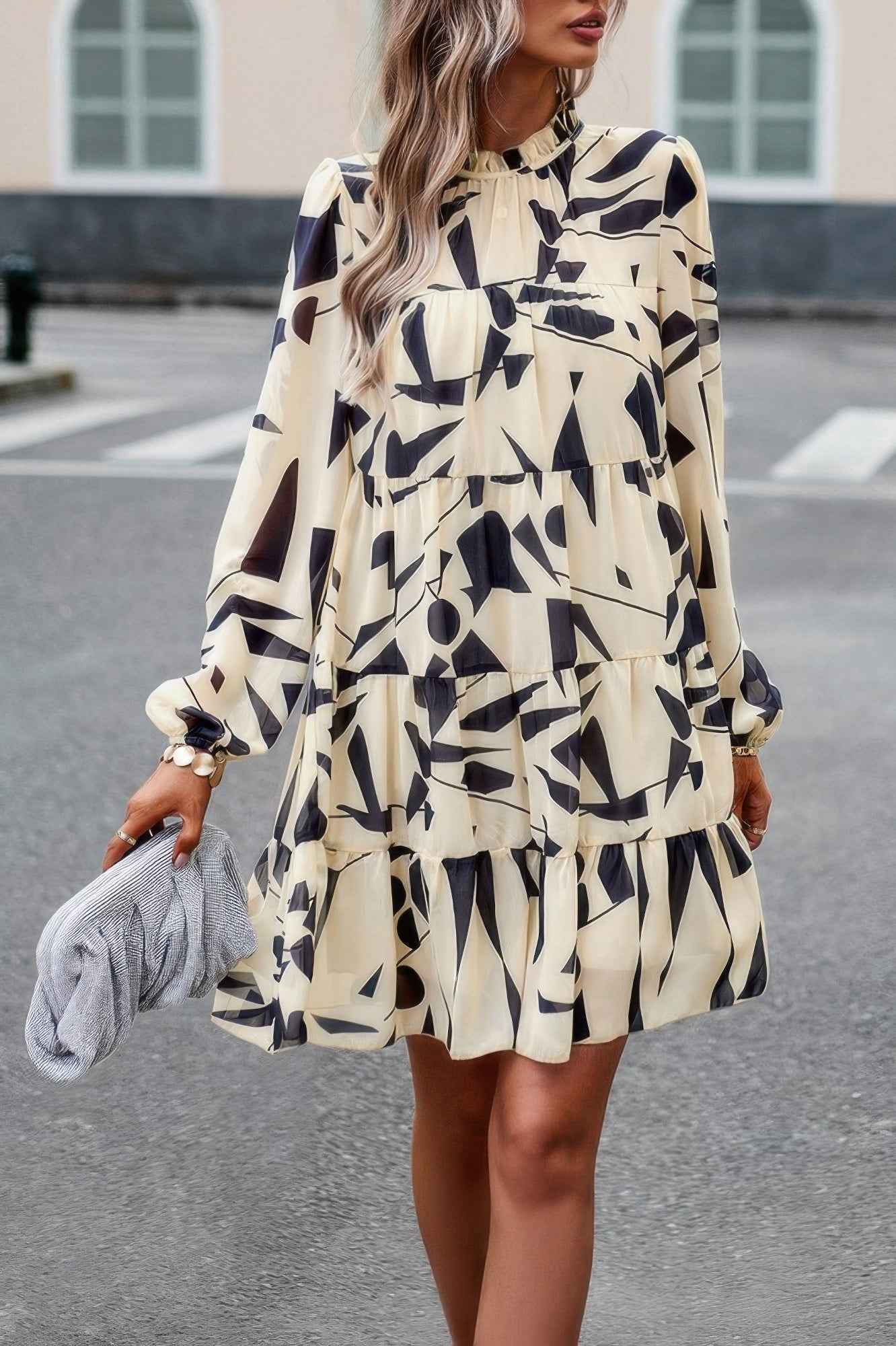 Color Block Hem Ruffle Printing Loose Fit Midi Dress