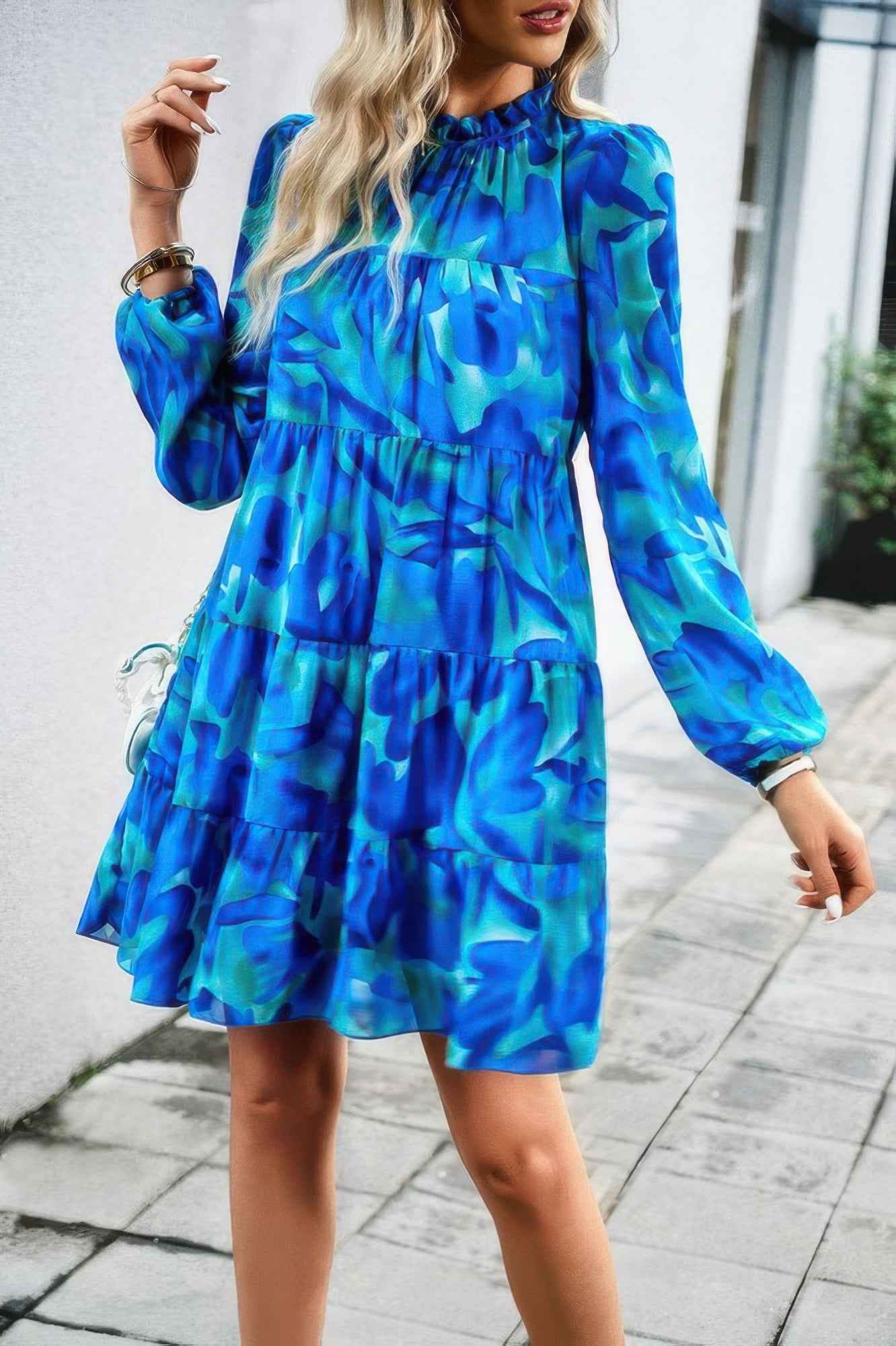 Color Block Hem Ruffle Printing Loose Fit Midi Dress