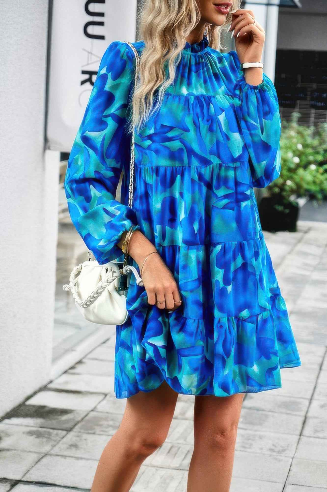 Color Block Hem Ruffle Printing Loose Fit Midi Dress