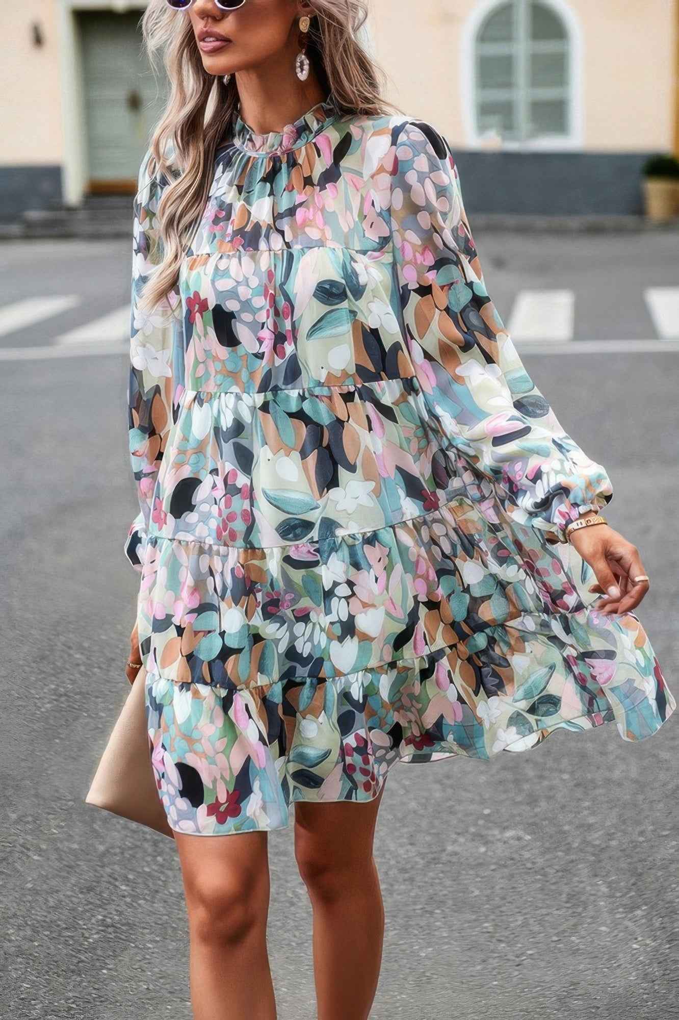 Color Block Hem Ruffle Printing Loose Fit Midi Dress